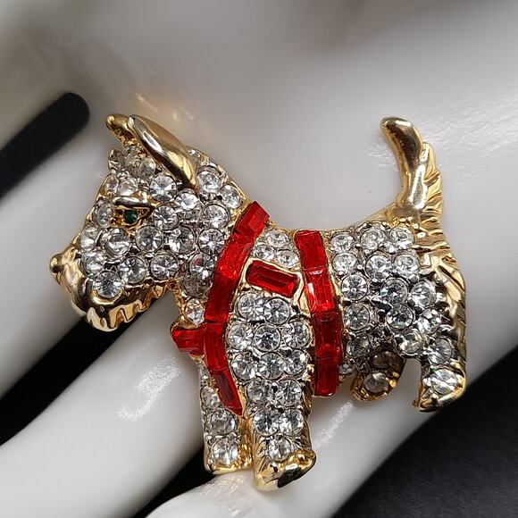 Vintage Scottie Terrier Dog Brooch, Red Clear Rhinestones, 80s Vintage Jewelry - Picture 2 of 9